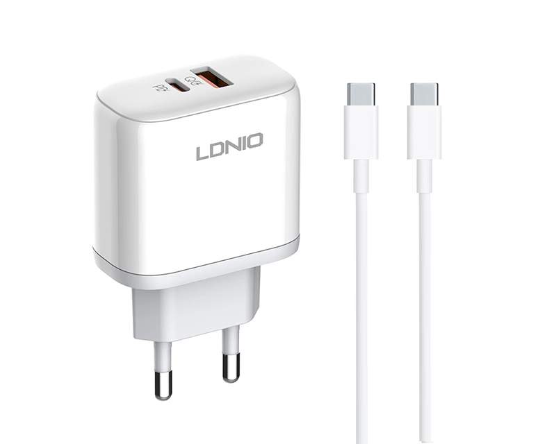 Kablovi, adapteri i punjači - LDNIO A2526C 45W QC4.0 Dual USB-A/USB-C punjač bijeli + Tip-C na  Tip-C kabl - Avalon ltd